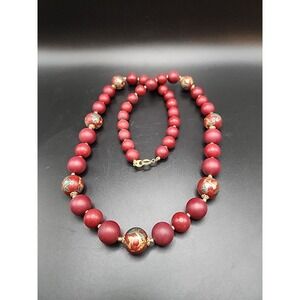 Vintage JAPAN Single Strand Transferware Beaded Statement Necklace Red W/Floral